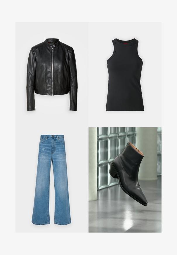 Sort læderjakke med høj krave, lynlås foran og tætsiddende design. Har vinklede sømme og en kort længde. Glat tekstur.; Sort ærmeløs tanktop lavet af strækbart stof. Har en rund hals og en tætsiddende silhuet med minimale syninger.; LOIS Jeans SKATER LOOSE - Jeans Relaxed Fit - stone; Sort læderankelstøvle med spids tå og blokhæl, der svæver over en reflekterende grå gulv nær en væg af glasblokke.