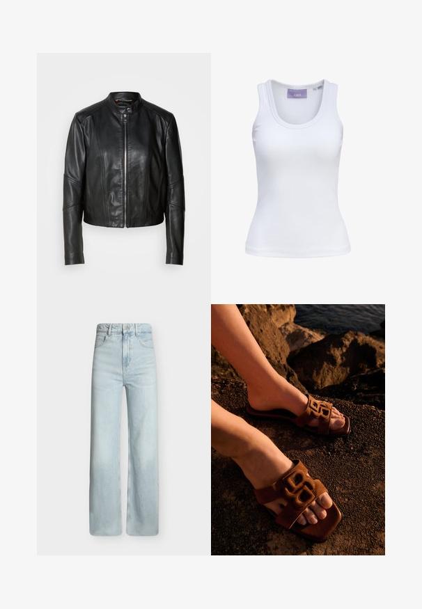 Chaqueta de cuero negro con cuello alto, cremallera frontal y diseño ajustado. Presenta costuras angulares y una longitud corta. Textura suave.; Camiseta de tirantes blanca acanalada con escote redondo y etiqueta de la marca JJXX dentro del cuello, talla pequeña.; Vaqueros de pierna ancha, cintura alta y color azul claro con bolsillos delanteros, trabillas para cinturón y cierre de botón metálico sobre un fondo liso.; Pies con sandalias marrones tipo slide con una correa decorativa, descansando sobre un terreno rocoso cerca del agua con luz cálida.
