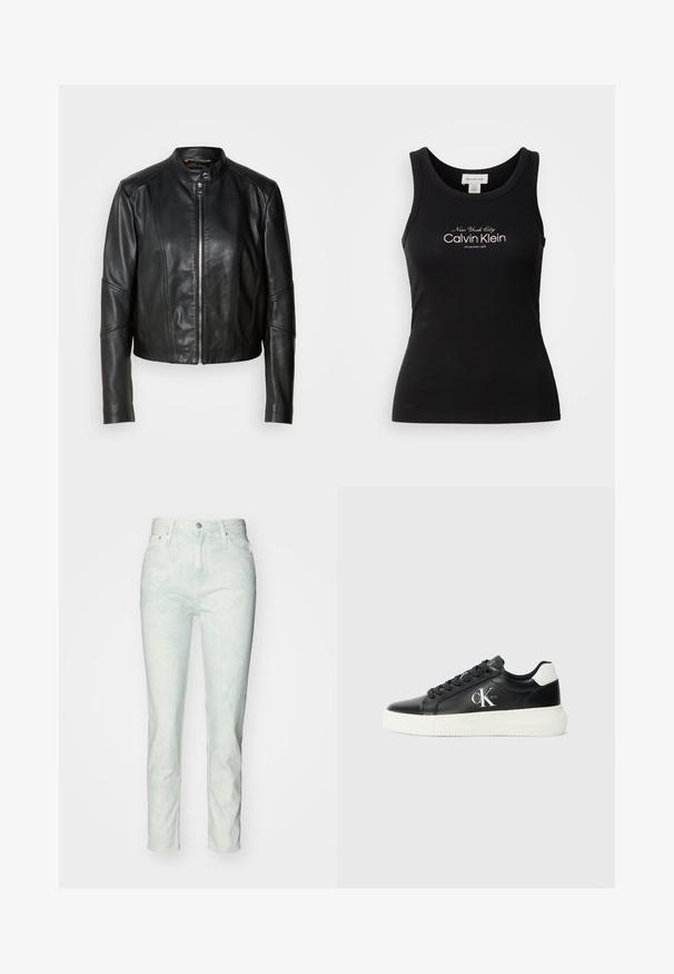 Chaqueta de cuero negro con cuello alto, cremallera frontal y diseño ajustado. Presenta costuras angulares y una longitud corta. Textura suave.; Top sin mangas negro con textura acanalada y la frase "New York City Calvin Klein Established 1968" impresa en blanco en el pecho.; Jeans de mezclilla de color azul claro con un diseño de cintura alta, piernas rectas, un leve desgastado y estilismo clásico de cinco bolsillos con un botón metálico.; Zapatilla baja de cuero negra con suela de goma blanca, punta redonda, cordones planos y detalle de logo en relieve en el costado. Acento en el talón en contraste.