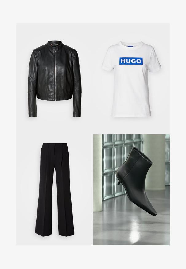 Zwarte leren jas met een hoge kraag, voorrits en getailleerd ontwerp. Heeft hoekige naden en een cropped lengte. Gladde textuur.; Witte katoenen t-shirt met een blauw rechthoekig "HUGO" logo dat over de borst is gedrukt. Klassieke ronde halslijn en korte mouwen.; Zwarte broeken van soepele stof, met een hoge taille, wijde pijpen en twee plooien aan de voorkant voor extra ontwerpelementen.; Zwarte leren enkellaars met spits toelopende neus en lage kittenhak, schuin weergegeven tegen een gepolijste vloer en een glazen blokken muur als achtergrond.