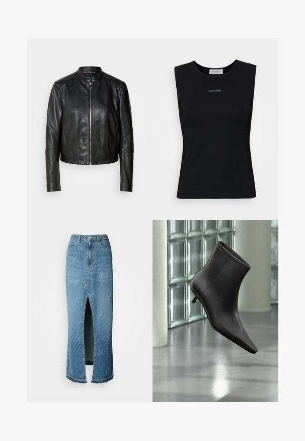 Veste en cuir noir avec un col haut, fermeture éclair sur le devant et coupe ajustée. Présente des coutures angulaires et une longueur courte. Texture lisse.; Top sans manches noir en tissu lisse. Doté d'un col rond et d'un petit logo Calvin Klein au centre. Design simple et ajusté.; Jupe midi en denim bleu avec une fente à l'avant, texture délavée et motif en script blanc. Dispose d'une taille classique et d'un ourlet effiloché.; Bottine en cuir noir avec bout pointu et petit talon, présentée devant un mur en blocs de verre et un sol poli.