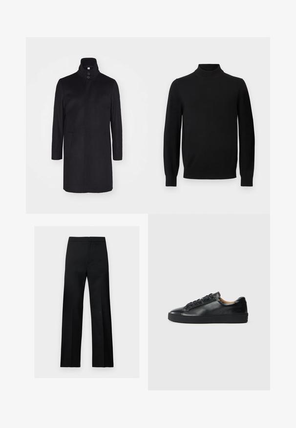 Schwarzer Wollmantel mit hohem Kragen, zwei Fronttaschen und einer Drei-Knopf-Verschluss. Gerader Schnitt und glatte Textur, minimalistisches Design.; Schwarzer Langarm-Pullover mit hohem, geripptem Stehkragen und gerippten Bündchen, auf grauem einfarbigem Hintergrund präsentiert.; Schwarze, gerade geschnittene formelle Hose mit hoher Taille und einem klaren, minimalistischen Design, dargestellt vor einem einfachen hellen Hintergrund.; Schwarze Leder-Sneaker mit glatter Textur, runder Zehenpartie und Schnürverschluss. Verfügt über eine dicke Gummisohle und minimalistische Marken-Details.