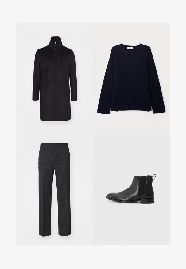 Zwarte wollen jas met een hoge kraag, twee voorklokken en een sluiting met drie knopen. Rechte snit en een gladde textuur, minimalistisch ontwerp.; OFFICINE GENERALE NATE CNECK - Trui - black; Filippa K TROY TROUSERS - Broek - black; JOOP! PERO KLEITOS CHELSEA - Lage laarzen - black