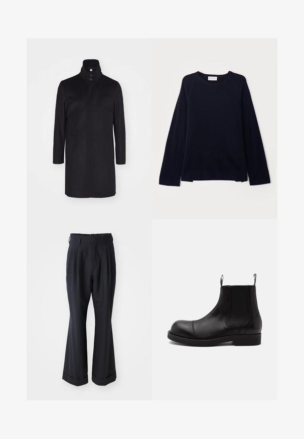 Zwarte wollen jas met een hoge kraag, twee voorklokken en een sluiting met drie knopen. Rechte snit en een gladde textuur, minimalistisch ontwerp.; OFFICINE GENERALE NATE CNECK - Trui - black; Zwarte op maat gemaakte broek met een ontspannen pasvorm, geplooide voorkant en brede pijpen. Voorzien van een omgeslagen zoom en een soepele stoftextuur.; Zwarte leren Chelsea-boot met afgeronde neus, elastische zijpanelen, aantreklussen voor en achter, platte zool, van opzij getoond op witte achtergrond.