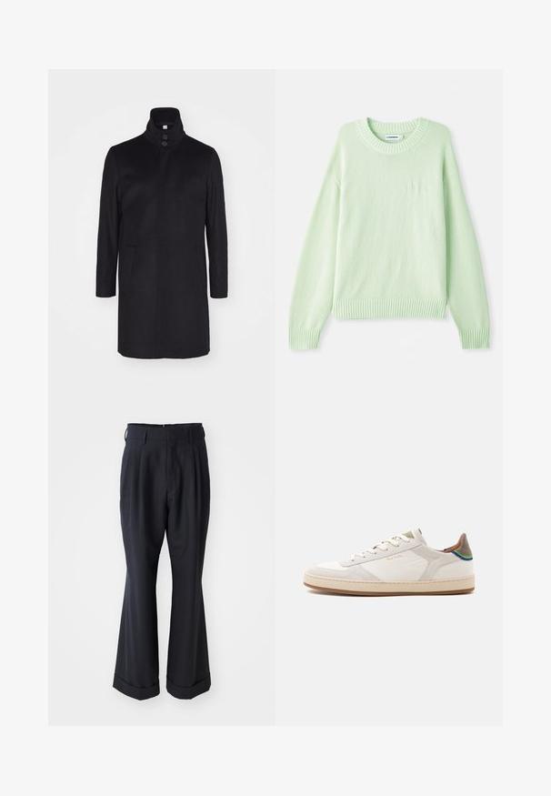 Must must coat kõrge kraega, kahe eesmise taskuga ja kolme nööbiga kinnitusega. Sirge lõige ja sile tekstuur, minimalistlik disain.; Heledad roheline kudumiga kampsun ümmarguse kaelusega, ribakudumiga varrukate ja ääred. Vasakul rinnal on peen logo detail.; Mustade kohandatud püksid, millel on lõdvem istuvus, volditud esiosa ja laiad jalad. Omab keeratud ääriseid ja siledat kangateksti.; Valge madala kontsaga tennisking beezhitoonilise tallaga, ees nööritav, kannal roheline ja sinine detail ning peen kuldne "Paul Smith" logo küljel.