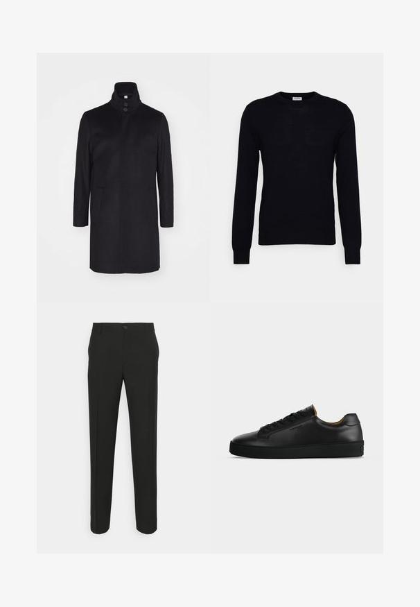 Sort uldfrakke med høj krave, to forlommer og tre-knaps lukning. Lige snit og glat struktur, minimalistisk design.; Sort langærmet sweater lavet af blødt strikket materiale. Rund halsudskæring, ribbede manchetter og kant. Minimalistisk design uden synlige mønstre eller knapper.; Sorte skræddersyede bukser med lige snit, der har en enkelt knaplukning og bæltestropper. Glat, mat stof uden mønstre.; Sort lavtopet læder-sneaker med sorte snørebånd, tekstureret gummisål og lille præget logo på siden, vist i profil mod grå baggrund.