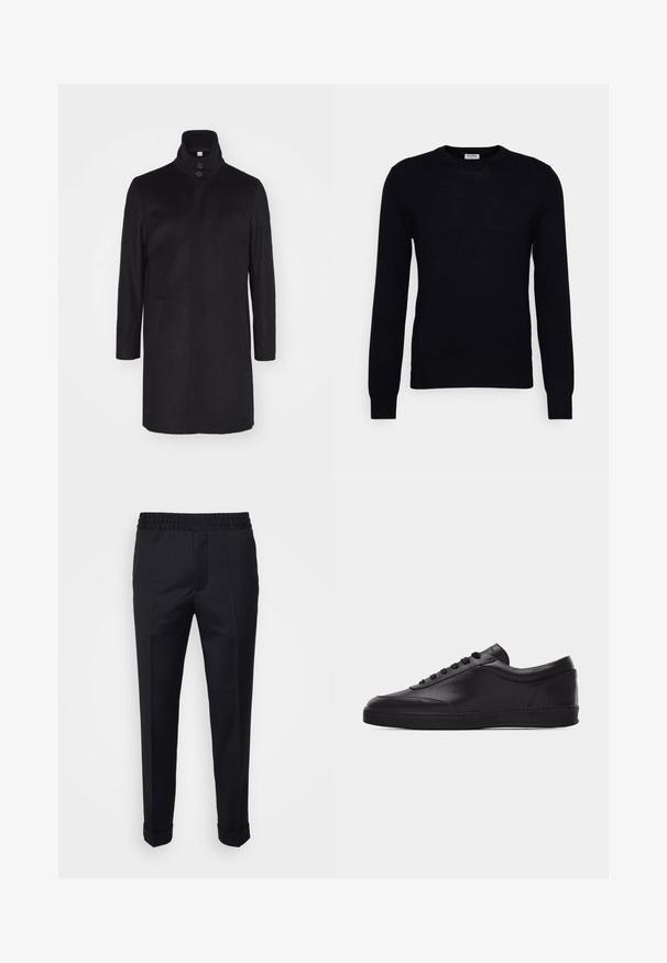 Must must coat kõrge kraega, kahe eesmise taskuga ja kolme nööbiga kinnitusega. Sirge lõige ja sile tekstuur, minimalistlik disain.; Must have pikkade varrukatega sviiter, mis on valmistatud pehmest kudumist. Ümar kaelus, soonikkoes mansetid ja allserv. Minimalistlik disain, ilma nähtavate mustrite või nuppudeta.; Mustad püksid kerge kangaga, elastse vöökoha, küljetaskute ja keeratud varrukaotsadega. Sile tekstuur esiplekkidega.; Mustad madala säärega nahast toss, millel on ees nöörpaelad ja lame kummitald, nähtud küljelt tühjal valgel taustal.