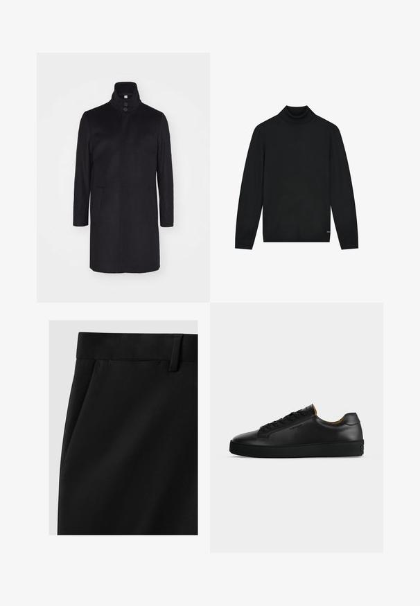 Zwarte wollen jas met een hoge kraag, twee voorklokken en een sluiting met drie knopen. Rechte snit en een gladde textuur, minimalistisch ontwerp.; Zwarte coltrui van zacht materiaal, met lange mouwen en een nauwsluitende kraag. Minimalistisch ontwerp zonder zichtbare patronen.; Zwarte op maat gemaakte broek met een gladde textuur, voorzien van een platte tailleband, zijzakken en een recht gesneden model.; Zwarte lage leren sneaker met zwarte veters, gestructureerde rubberen zool en klein geperst logo aan de zijkant, zijaanzicht tegen een grijze achtergrond.