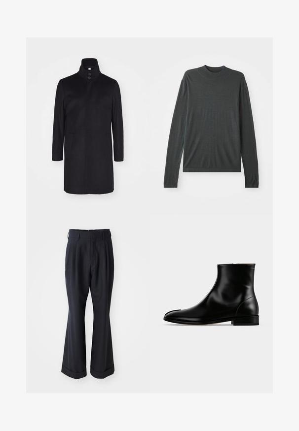 Sort uldfrakke med høj krave, to forlommer og tre-knaps lukning. Lige snit og glat struktur, minimalistisk design.; Mørkegrå langærmet strikket sweater med høj, ribbet krave. Blød tekstur, afslappet pasform og ingen synlige mønstre eller hardwaredetaljer.; Sorte skræddersyede bukser med en afslappet pasform, plisseret forside og vide ben. Har en opsmøg i bunden og en glat stofstruktur.; Sort poleret læderankelstøvle med lav hæl og sidelås, slankt og glat design på en ensfarvet lys baggrund.