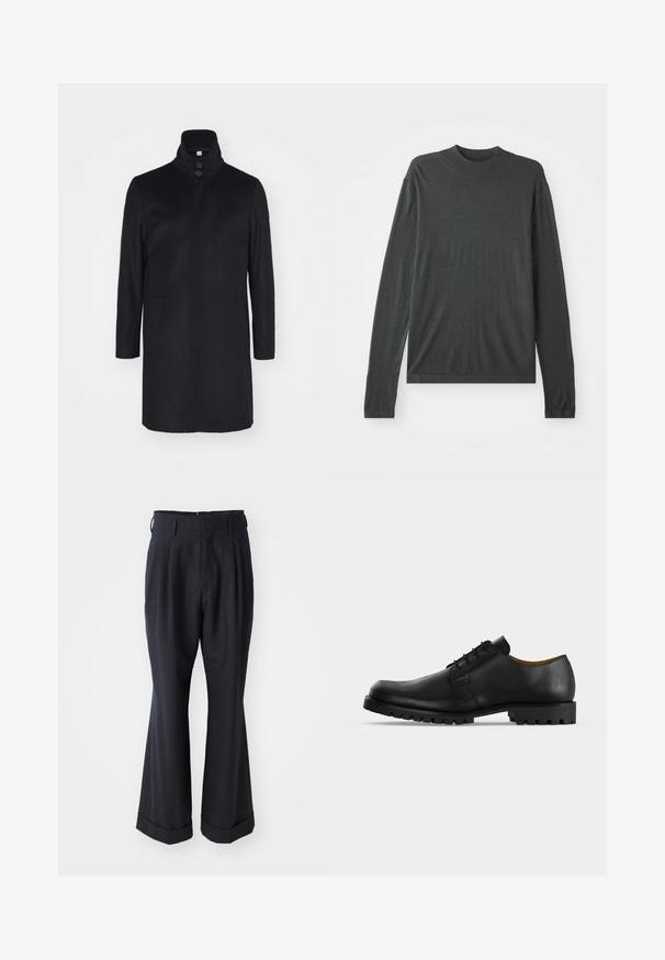 Sort uldfrakke med høj krave, to forlommer og tre-knaps lukning. Lige snit og glat struktur, minimalistisk design.; Mørkegrå langærmet strikket sweater med høj, ribbet krave. Blød tekstur, afslappet pasform og ingen synlige mønstre eller hardwaredetaljer.; Sorte skræddersyede bukser med en afslappet pasform, plisseret forside og vide ben. Har en opsmøg i bunden og en glat stofstruktur.; Sort lædersko med snørebånd, tyk rillede sål og lav hæl vist på en hvid baggrund.