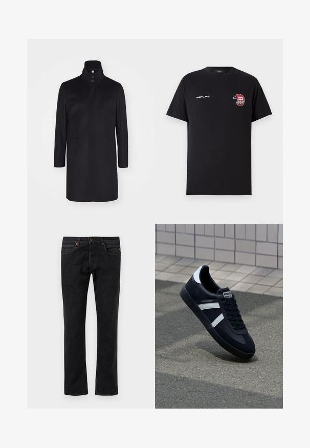 Must must coat kõrge kraega, kahe eesmise taskuga ja kolme nööbiga kinnitusega. Sirge lõige ja sile tekstuur, minimalistlik disain.; Replay SHORT SLEEVE GRAPHIC - Trükipildiga T-särk - black; Mustadest denimist valmistatud sirgete jalgadega teksad, millel on viis taskut, tagasihoidlikud hõõrdumisjäljed ja oranžad tikkimisaktsendid.; Must have musta sneaker musta valgete triipudega, tekstuurne kummitald ja nööridega esiosa. Omab bränditud märki keele peal.