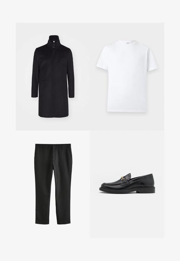 Must must coat kõrge kraega, kahe eesmise taskuga ja kolme nööbiga kinnitusega. Sirge lõige ja sile tekstuur, minimalistlik disain.; Valge lühikeste varrukatega t-särk, millel on väike sisemine märgistus kaeluses, esitatud neutraalsel taustal.; Mustad sirgelt joonelised kohandatud püksid küljetaskute ja vööaasaheitega, mõeldud formaalseks või kontorikandmiseks.; Mustad nahast loafers ümarate varvastega, millel on kuldne riistvaraline aksessuaar ja tikandite detail, paigutatud madalale, tekstureeritud kummist tallale.