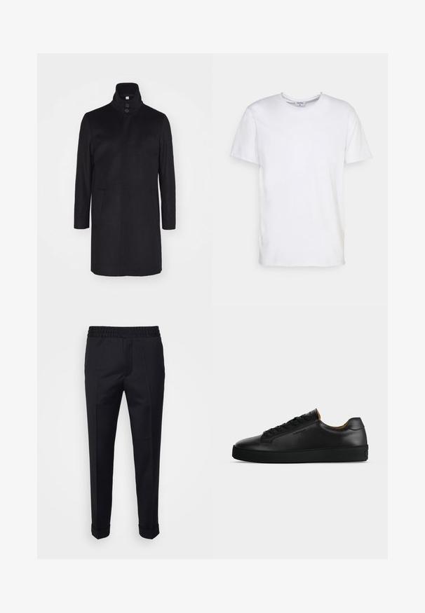 Schwarzer Wollmantel mit hohem Kragen, zwei Fronttaschen und einer Drei-Knopf-Verschluss. Gerader Schnitt und glatte Textur, minimalistisches Design.; Weißes T-Shirt mit kurzen Ärmeln aus Baumwolle. Es hat einen runden Halsausschnitt und eine lockere Passform ohne sichtbare Muster oder Akzente.; Schwarze Hosen aus leichtem Stoff, mit einem elastischen Bund, seitlichen Taschen und aufgerollten Säumen. Glatte Textur mit vorderen Falten.; Schwarzer flacher Ledersneaker mit schwarzen Schnürsenkeln, strukturierter Gummisohle und kleinem eingeprägtem Logo an der Seite, im Profil vor grauem Hintergrund gezeigt.