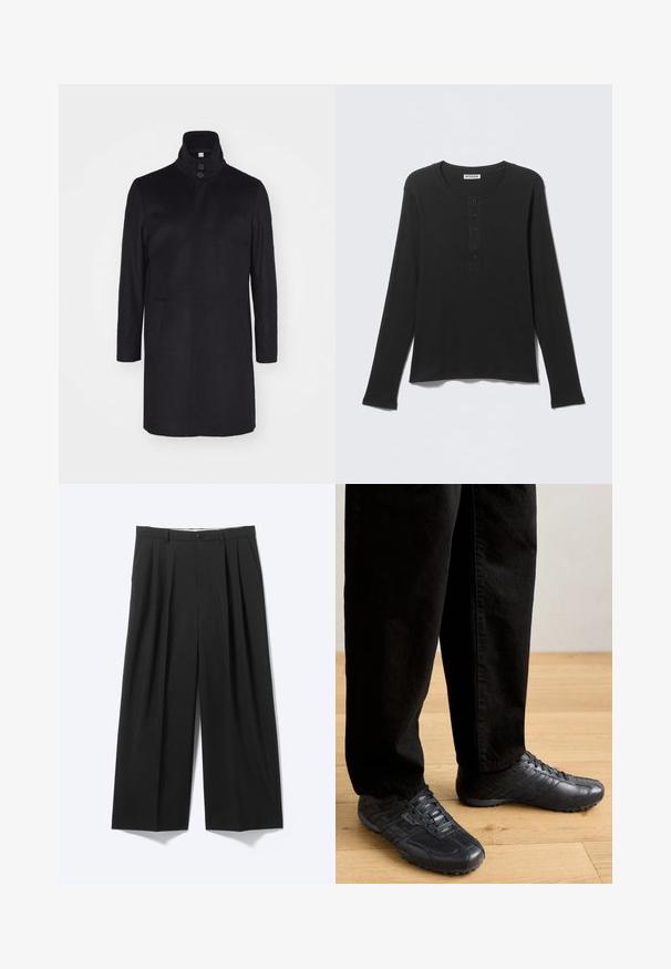 Sort uldfrakke med høj krave, to forlommer og tre-knaps lukning. Lige snit og glat struktur, minimalistisk design.; Sort langærmet Henley-skjorte med fem knapper på frontpladen, rund halsudskæring og ribstrikket stof.; Sorte bukser med vide ben, forplisser, bæltestropper og knaplukning vist på en ensartet lys baggrund.; Sorte læder sko med et struktureret design, featuring en lav profil og snørebånd foran, parret med løstsiddende sorte bukser.