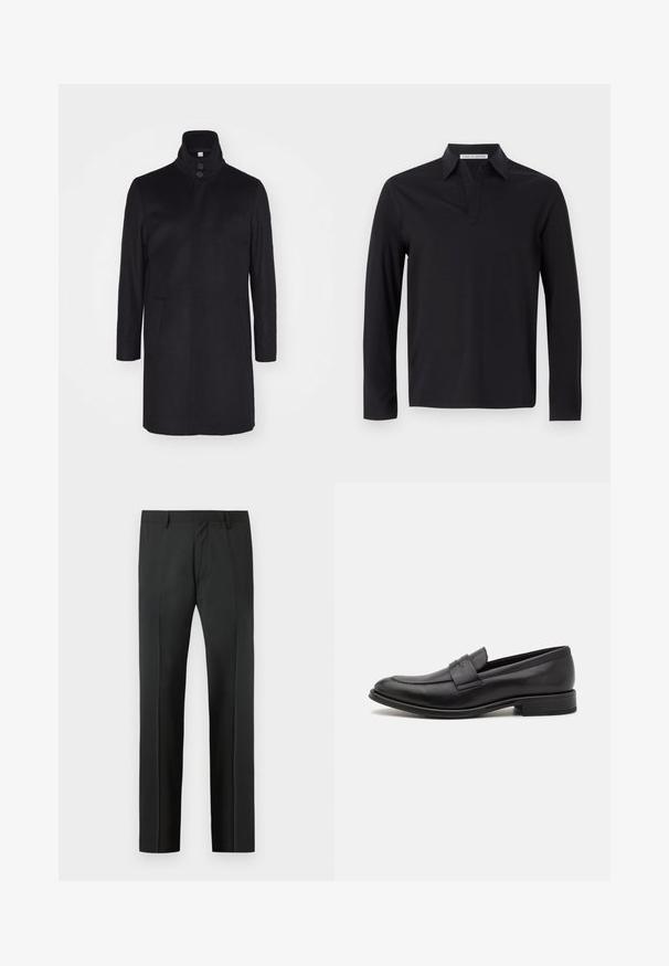 Schwarzer Wollmantel mit hohem Kragen, zwei Fronttaschen und einer Drei-Knopf-Verschluss. Gerader Schnitt und glatte Textur, minimalistisches Design.; Tiger of Sweden TRUANE - Langarmshirt - black; Schwarze, maßgeschneiderte Anzughose mit Gürtelschlaufen und Bügelfalte, vor einem hellgrauen Hintergrund präsentiert.; Schwarze Lederloafer mit glatter Oberfläche, einem dekorativen Riemen über dem Obermaterial, runder Zehenpartie und einem niedrigen, gestapelten Absatz.