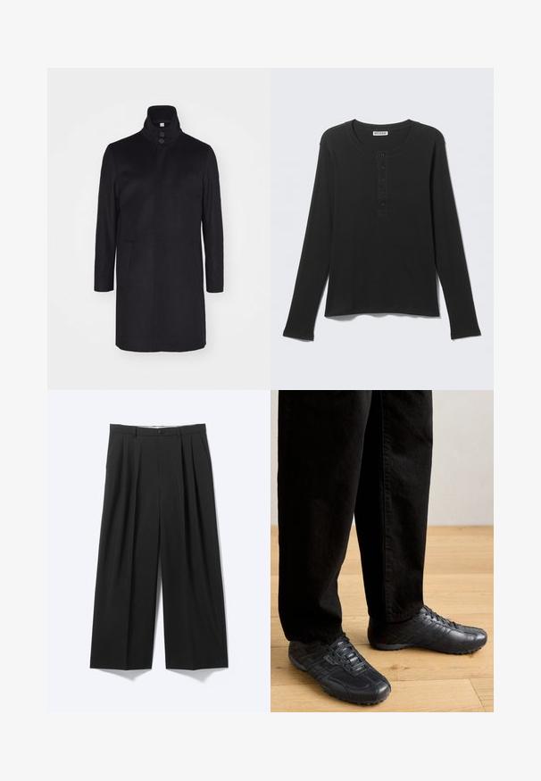 Schwarzer Wollmantel mit hohem Kragen, zwei Fronttaschen und einer Drei-Knopf-Verschluss. Gerader Schnitt und glatte Textur, minimalistisches Design.; Schwarzes Langarm-Henley-Shirt mit rundem Ausschnitt und fünf Knöpfen, flach liegend mit Etikett "Weekday".; Schwarze Weithose mit vorderen Falten, Gürtelschlaufen und Knopfverschluss auf schlichtem hellem Hintergrund dargestellt.; Schwarze Lederschuhe mit strukturiertem Design, mit niedrigem Profil und Schnürung, kombiniert mit locker sitzenden schwarzen Hosen.