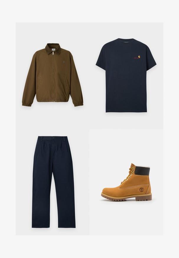 Veste marron zippée avec manches élastiques, deux poches latérales et un col foncé, présentée sur un fond clair uni.; T-shirt en coton bleu marine à manches courtes et col rond. Présente un petit logo Carhartt en orange et rouge sur la poitrine gauche.; Pantalon bleu marine foncé en coton, doté d'une fermeture à boutons, de plis à l'avant et d'une coupe droite.; Bottine en cuir brun avec œillets en métal, doublure en fourrure blanche, col rembourré noir, semelle robuste et logo en relief sur le côté.