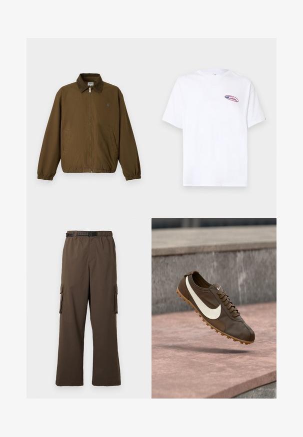 Veste marron zippée avec manches élastiques, deux poches latérales et un col foncé, présentée sur un fond clair uni.; T-shirt blanc à manches courtes avec un petit logo ovale rose et bleu sur la poitrine gauche, sur un fond clair uni.; Pantalon cargo marron à coupe ample, taille élastique et deux poches latérales. Il est doté d'une ceinture noire à motifs, avec une texture lisse.; Chaussure de course Nike marron avec logo swoosh blanc et semelle en gomme flottant au-dessus d'une surface en pierre rose avec un fond en pierre grise.