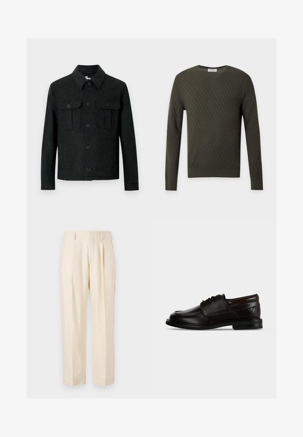 Veste en laine noire à manches longues, col pointu, fermeture boutonnée et deux poches poitrine à rabat avec bouton, sur fond blanc.; Pull en maille vert foncé à manches longues avec un motif chevron texturé subtil et un col rond sur un fond uni.; NN.07 KAY - Pantalon classique - off white; Chaussure habillée en cuir marron foncé à lacets, bout arrondi et petit talon empilé, vue de profil.