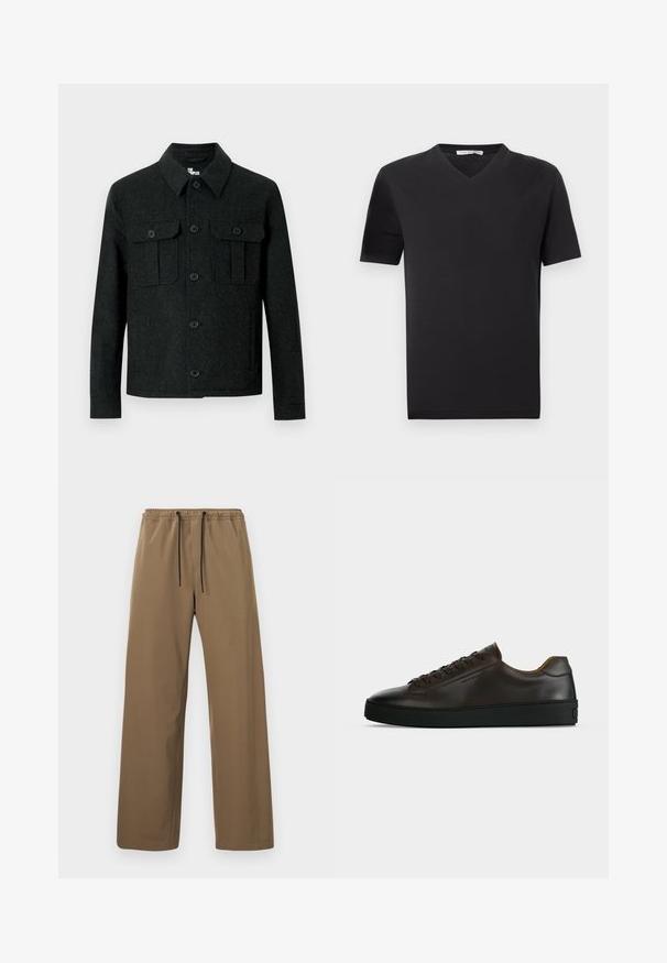 Veste en laine noire à manches longues, col pointu, fermeture boutonnée et deux poches poitrine à rabat avec bouton, sur fond blanc.; T-shirt noir à manches courtes avec col en V et design minimaliste sur fond blanc uni.; Pantalon marron à coupe droite avec taille élastique et cordons noirs, présenté sur un fond clair uni.; Baskets basses en cuir marron foncé avec semelle en caoutchouc noire, lacets à l'avant et design minimaliste épuré sur fond clair.
