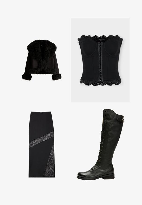 Zwarte cropped jas met grote donzige bontkraag, bontafwerking langs de zoom en manchetten, weergegeven op een witte achtergrond.; Zwart strapless korset met voorste haaksluitingen, gevormde cups en een gesauteerde kanten rand aan de boven- en onderkant.; Zwarte midirok met een geometrisch ontwerp, inclusief textuurrijke kanten inzetstukken, gestructureerde stof en een strakke silhouet.; Zwarte leren kniehoog laars met vetersluiting aan de voorkant, zilveren oogjes en een bucklet aan de zijkant. Heeft een gestructureerde afwerking en een gestapelde hak.