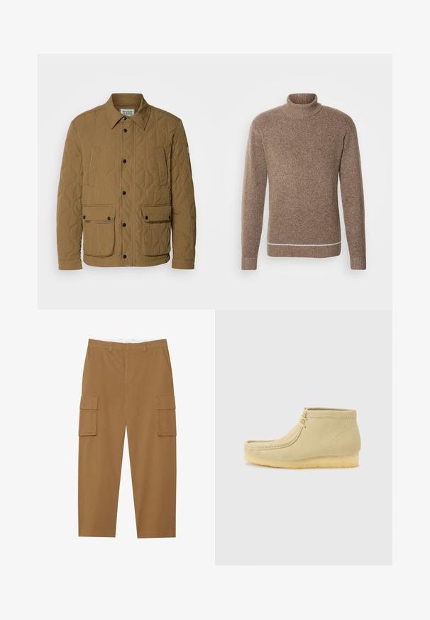 Tikkivesti tumepruunis, millel on terav krae, mustad nupud ja neli taskut kontrastsete õmblustega. Pehme, tekstuurne kangas.; INDICODE JEANS Neule - otter; Ruske hlače s cargo stilom, s dva bočna džepa, ravnim prednjim dijelom i ravnim nogavicama. Izrađene su od izdržljive tkanine s glatkom teksturom.; Beigea mokkanahkainen nilkkapituiset mokkasiinit kreppipohjalla ja nauhakiinnityksellä, yksinkertaisen vaaleanharmaan taustan edessä.