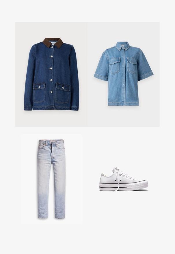 Donkerblauwe spijkerjas met een bruine corduroy kraag, twee voorzakken met knoopflappen en zilveren knopen aan de voorkant.; Blauwe denim overhemd met korte mouwen en een kraag, twee borstzakken en knoopsluiting. Heeft een losse pasvorm en een vervaagde textuur.; Lichtblauwe denim jeans met een straight leg ontwerp, voorzien van een knoopgulp, vijf zakken en subtiele vervaging langs de benen.; Wit lage canvas sneaker met witte veters, rubberen zool, zwarte streepdetails en logopatch op de tong en hiel.