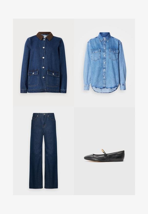 Mørkeblå denimjakke med brunt corduroy-krave, to forlommer med knapflapper og sølvknapper ned ad fronten.; Denimskjorte i lys blå farve med klassisk krave, knaplukning foran, to brystlommer og rundet kant med syningsdetaljer.; Bredde ben blå denim jeans med orange syninger, høj talje og en knaplukning foran. Lavet af et robust denimstof.; Sorte læder balletflade med spids tå, slank rem og en lille guldfinisher nær remmen. Glat tekstur og lav hæl.