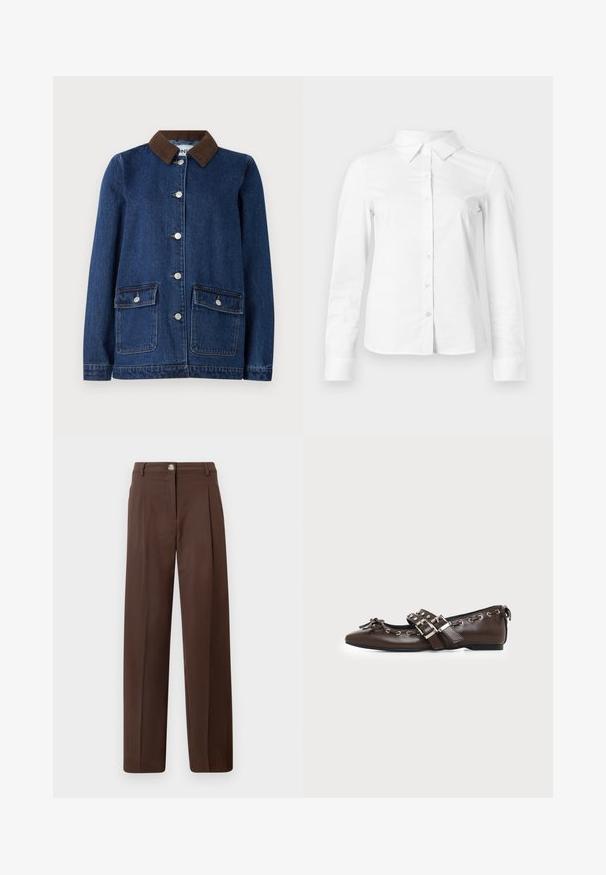 Dunkelblaue Jeansjacke mit braunem Cordkragen, zwei Fronttaschen mit Knopfklappen und silbernen Knöpfen auf der Vorderseite.; Weißes langärmeliges Hemd mit spitzem Kragen, geradem Saum und taillierter Silhouette, auf hellem, einfarbigem Hintergrund dargestellt.; Hoch taillierte, braune gerade Hose mit Frontknopf, Reißverschluss, Gürtelschlaufen und seitlichen Taschen vor neutralem Hintergrund.; Dunkelbrauner flacher Lederschuh mit spitzer Spitze, doppelten silbernen Schnallenriemen, Metallösen und dekorativer Schleife vorne.