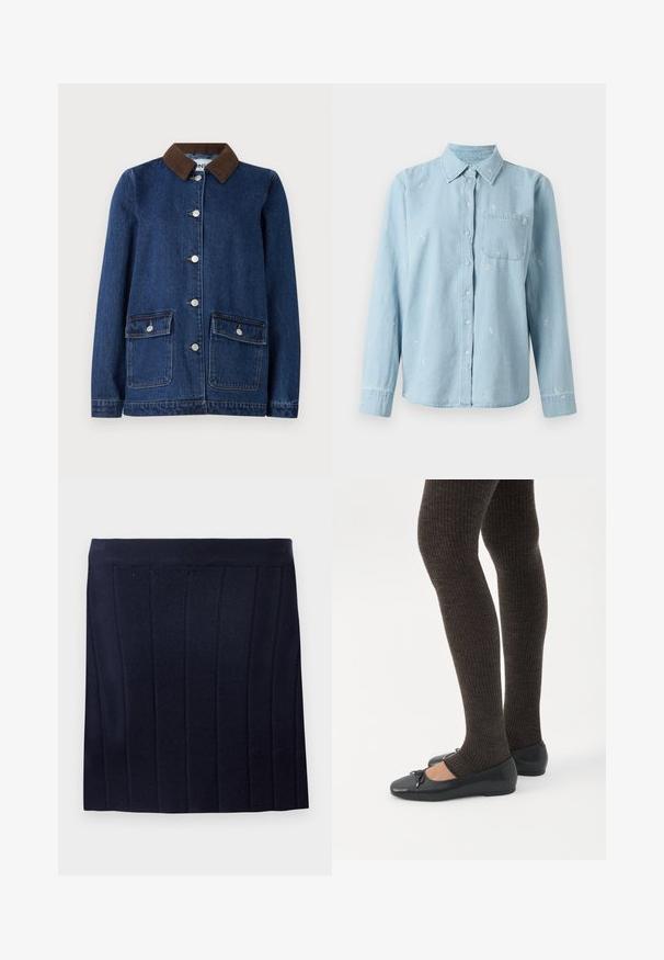 Donkerblauwe spijkerjas met een bruine corduroy kraag, twee voorzakken met knoopflappen en zilveren knopen aan de voorkant.; Lichtblauwe denimbloes met lange mouwen, knoopsluiting aan de voorkant en een borstzak. Heeft witte bloemenborduursel over de stof verspreid.; Object OBJTHESS - Minirok - sky captain; Benen met donkere geribbelde leggings gecombineerd met zwarte ballerina's met kleine strikdetails op een witte achtergrond.