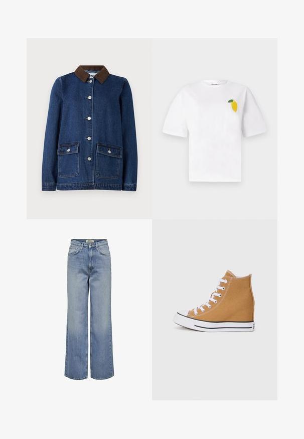 Mørkeblå denimjakke med brunt corduroy-krave, to forlommer med knapflapper og sølvknapper ned ad fronten.; Hvid bomuld t-shirt med korte ærmer, der har et lille gult citrondesign med en grøn blad i venstre brystområde.; ONLY Wide-fit ONLHOPE High waist Wide Leg Fit - Jeans Relaxed Fit - medium blue denim; Høje sneakers i canvas i tan med hvide snørebånd, en gummi tåhætte og en sål med sorte striber. Tekstureret finish med syningsdetaljer.