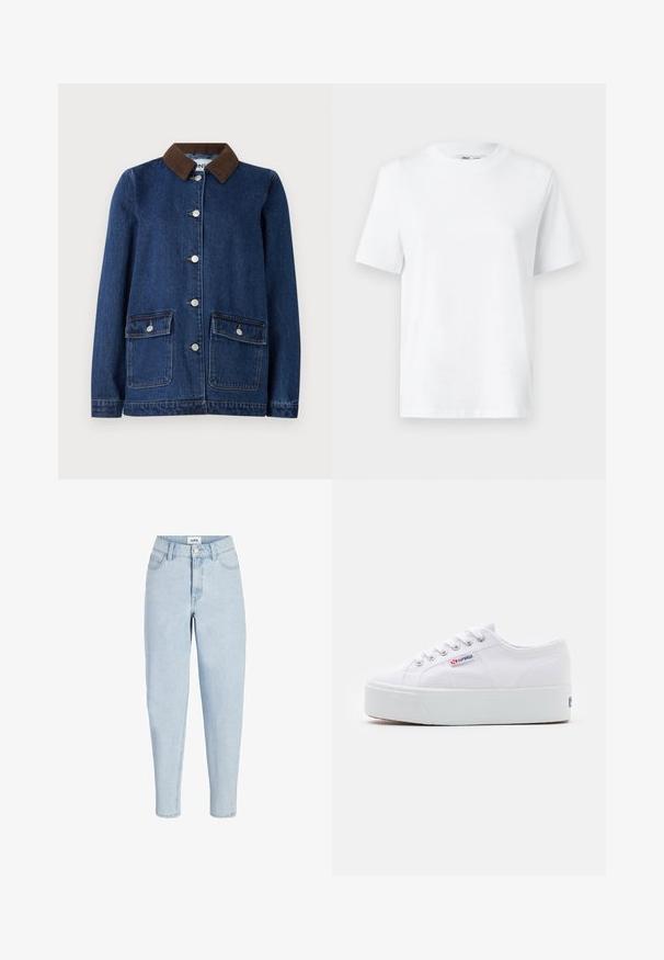 Dunkelblaue Jeansjacke mit braunem Cordkragen, zwei Fronttaschen mit Knopfklappen und silbernen Knöpfen auf der Vorderseite.; Weißes Baumwoll-T-Shirt mit Rundhalsausschnitt, kurzärmlig und mit glatter Textur. Entworfen mit einer lockeren Passform für Komfort und Vielseitigkeit.; Hellblaue Jeans mit hohem Bund, Vorderknopf und Reißverschluss, Fünf-Taschen-Stil und zulaufenden Beinen.; Weiße Leinenschuhe mit einer dicken weißen Plattformsohle, runder Zehenpartie und Metallösen für die Schnürsenkel. Markenlogo an der Seite angebracht.