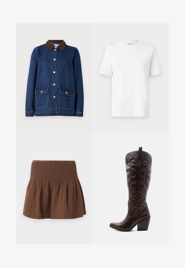Mørkeblå denimjakke med brunt corduroy-krave, to forlommer med knapflapper og sølvknapper ned ad fronten.; Hvid bomulds T-shirt med rund hals, kortærmet og en glat tekstur. Designet med en afslappet pasform for komfort og alsidighed.; Brun mininederdel med smocket elastisk talje og sammenkrøllet stof nedenunder, lavet af tekstureret let materiale.; Høj mørkebrun læder cowboystøvle med syede dekorative mønstre, spids tå og stablet blokhæle.