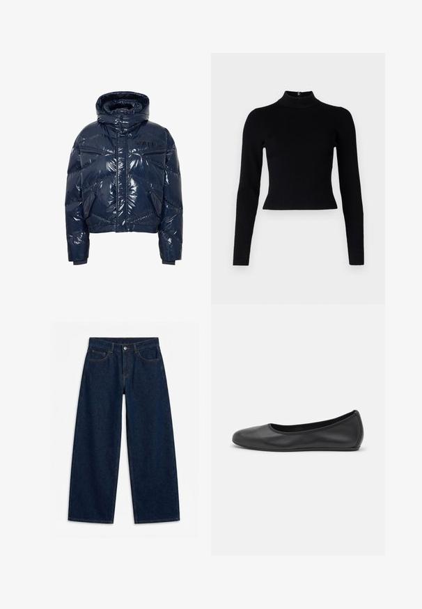 Mørkeblå pufferjakke med en blank overflate, hette, glidelås og sidelommer. Har quiltede detaljer og en logo på brystet.; Svart ribbestrikket turtleneck genser med lange ermer og en tettsittende silhuett, med en glatt tekstur og en glidelåsdetalj bak.; Mørkeblå vidbente jeans i denim med knapp og glidelås foran, beltehemper og fem-lommers design, lagt flatt på hvit bakgrunn.; Svart skinnballettflatt med rund tå, glatt tekstur, minimal sømdetalj, og et fleksibelt såledesign.