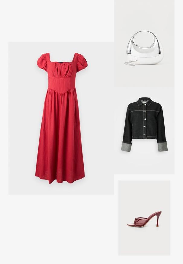 Sort denimjakke med krave, frontlukning med knapper og grå manchetter. Har kontrasterende hvid syning og et cropped design.; Rød, gulvlængde kjole med puffede korte ærmer, firkantet halsudskæring, tætsiddende overdel og samlet nederdel.; Rød højhælet mule med spids tå, mesh-overdel med en lille sløjfeddetalje og en slank stilethæl på en lys baggrund.; Skinnende sølvfarvet metallisk håndtaske med rund form, ovalt udskåret håndtag og en sølvkæde som rem på en ensfarvet lys baggrund.
