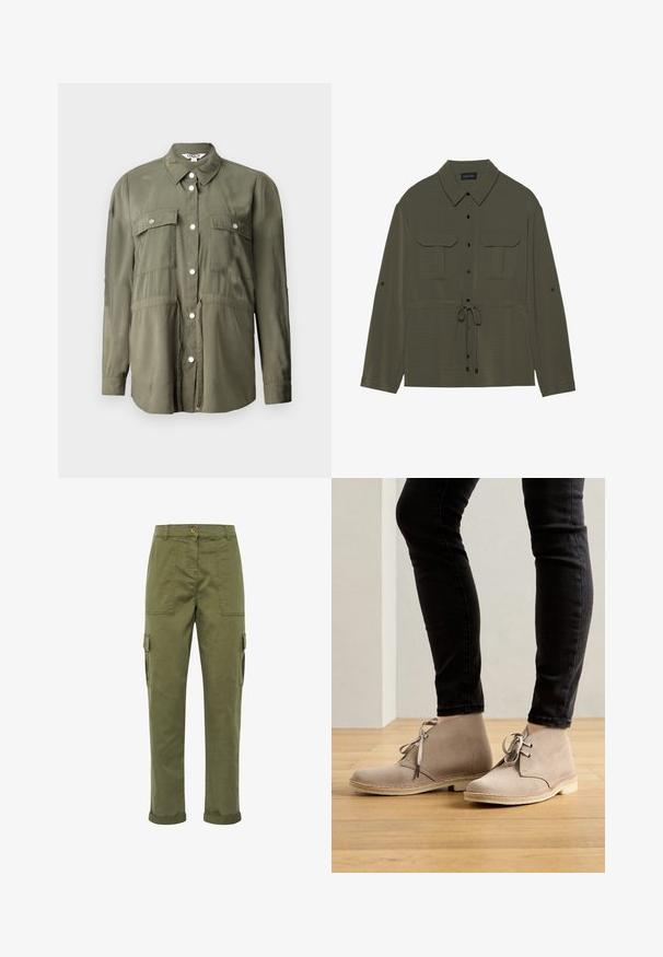 Olijfgroene shirt gemaakt van een zachte stof, met een knopenrij aan de voorkant, twee borstzakken met kleppen en lange mouwen.; Olivengroene shirtjacket met een knoopsluiting aan de voorkant, twee borstzakken en een trekkoord in de taille. Beschikt over een klassieke kraag en lange mouwen.; Olijf groene cargobroek met een knoopsluiting in de taille, twee voorkruiden en opgerolde cuffs. Gemaakt van een duurzame stof met een soepele textuur.; Beige suède enklaarsjes met een ronde neus, vetersluiting en contrasterende stiksels, gedragen met zwarte slim-fit broek op een houten vloer.