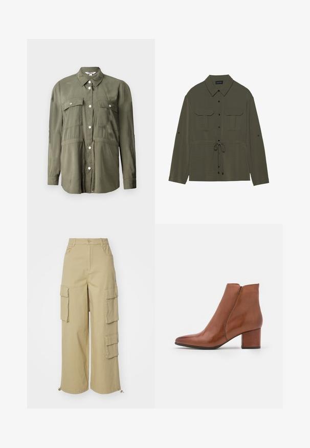 Camisa verde oliva hecha de una tela suave, con un frente abotonado, dos bolsillos en el pecho con solapas y mangas largas.; Chaqueta de camisa verde oliva con frente de botones, dos bolsillos en el pecho y cintura con cordón. Presenta un cuello clásico y mangas largas.; Pantalones cargo beige con piernas anchas, dos bolsillos laterales grandes, bolsillos frontales y un detalle de cordón en el dobladillo. Tejido de mezcla de algodón.; Botín de piel marrón hasta el tobillo con puntera puntiaguda, tacón medio y un mínimo detalle de costuras. Textura suave con un acabado pulido.