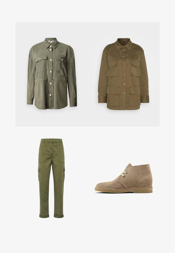 Camisa verde oliva hecha de una tela suave, con un frente abotonado, dos bolsillos en el pecho con solapas y mangas largas.; Gina Tricot CARGO SHIRT - Blusa - khaki green; Pantalones cargo verde olivo con cintura abotonada, dos bolsillos frontales y puños doblados. Fabricados con un material duradero y de textura suave.; Clarks Botines con cordones - sand