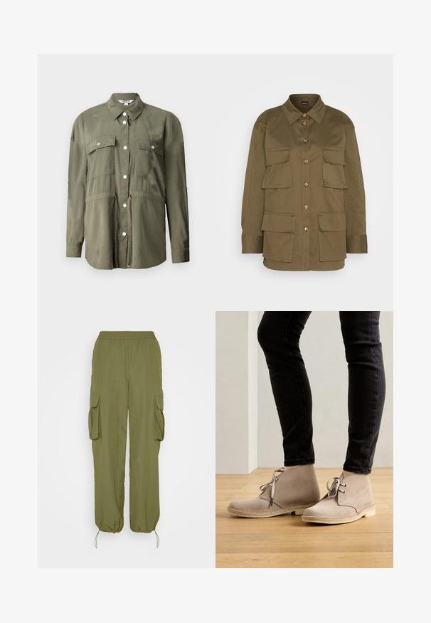 Camisa verde oliva hecha de una tela suave, con un frente abotonado, dos bolsillos en el pecho con solapas y mangas largas.; Gina Tricot CARGO SHIRT - Blusa - khaki green; Pantalones cargo verde oliva con cintura elástica, dos bolsillos laterales cargo y puños ajustables con cordón. Hechos de una tela ligera y texturizada.; Botas de ante beige hasta el tobillo con punta redondeada, diseño de cordones y costuras en contraste, llevadas con pantalones negros ajustados sobre un suelo de madera.
