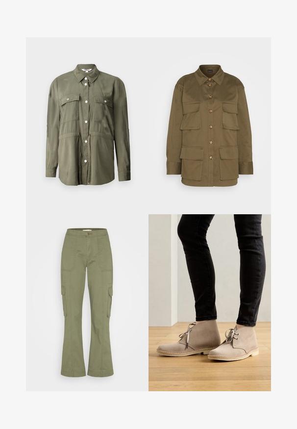 Olivengrøn skjorte lavet af et blødt stof, med knaplukning fortil, to brystlommer med klapper og lange ærmer.; Gina Tricot CARGO SHIRT - Skjortebluser - khaki green; Abercrombie & Fitch RELAXED WAIST PANT - Cargobukser - dusty olive; Beige ruskind ankelstøvler med en rund tå, snørebåndsdesign og kontrasterende syninger, båret med sorte tætsiddende bukser på et trægulv.