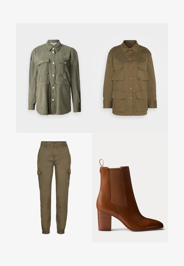 Olijfgroene shirt gemaakt van een zachte stof, met een knopenrij aan de voorkant, twee borstzakken met kleppen en lange mouwen.; Gina Tricot CARGO SHIRT - Overhemdblouse - khaki green; Olijfgroene cargobroek, gemaakt van soepele stof, met zijvakken, een knoopsluiting en elastische boorden bij de enkels.; Bruine leren enkellaars met blokhak, elastische zijpanelen en treklus aan de achterkant, getoond in profiel op een effen achtergrond.