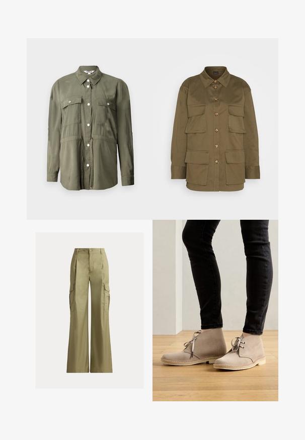 Camisa verde oliva hecha de una tela suave, con un frente abotonado, dos bolsillos en el pecho con solapas y mangas largas.; Gina Tricot CARGO SHIRT - Blusa - khaki green; Pantalones cargo de pierna ancha color caqui con tiro alto, cierre de botón y cremallera, y bolsillos con solapa a cada lado.; Botas de ante beige hasta el tobillo con punta redondeada, diseño de cordones y costuras en contraste, llevadas con pantalones negros ajustados sobre un suelo de madera.