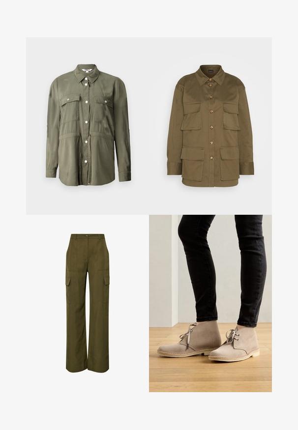 Olivengrøn skjorte lavet af et blødt stof, med knaplukning fortil, to brystlommer med klapper og lange ærmer.; Gina Tricot CARGO SHIRT - Skjortebluser - khaki green; Olivengrønne bukser med vide ben, lavet af et stof med en glat tekstur. Har to cargo-lommer foran og en knaplukning i taljen.; Beige ruskind ankelstøvler med en rund tå, snørebåndsdesign og kontrasterende syninger, båret med sorte tætsiddende bukser på et trægulv.