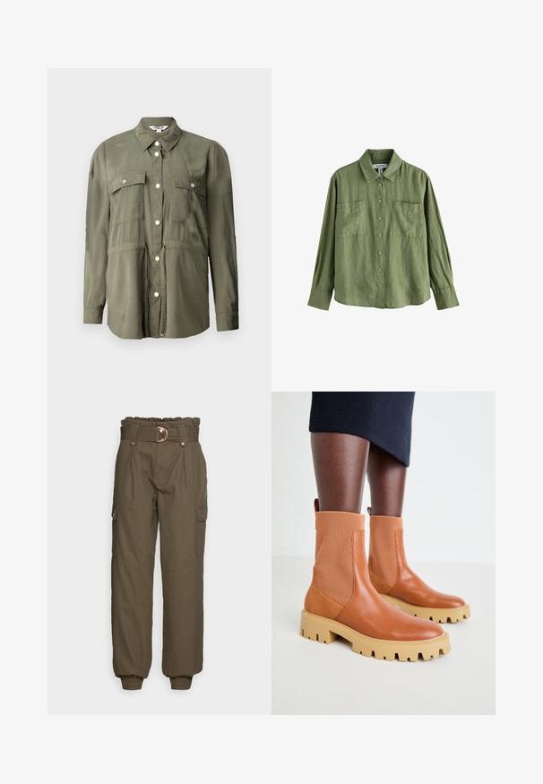 Camisa verde oliva hecha de una tela suave, con un frente abotonado, dos bolsillos en el pecho con solapas y mangas largas.; Camisa verde oliva de manga larga con botones, dos bolsillos en el pecho y cuello clásico, mostrada sobre fondo blanco.; ONLY ONLSAIGE PANT - Pantalones - kalamata; Botas de cuero marrón hasta el tobillo con paneles elásticos acanalados, suela gruesa beige y detalle de tirador; diseño contemporáneo con un acabado texturizado.