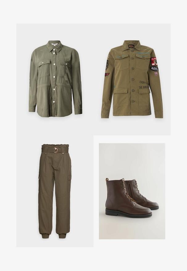 Camisa verde oliva hecha de una tela suave, con un frente abotonado, dos bolsillos en el pecho con solapas y mangas largas.; Chaqueta de estilo militar color verde oliva con cierre de botones, bolsillos en el pecho y parte inferior, y múltiples parches bordados y texto en las mangas y el pecho.; ONLY ONLSAIGE PANT - Pantalones - kalamata; Botines de piel marrón con punta redondeada, cordones y cremallera lateral, con un diseño cosido y una suela baja de goma negra.