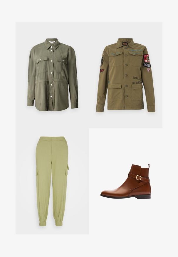 Camisa verde oliva hecha de una tela suave, con un frente abotonado, dos bolsillos en el pecho con solapas y mangas largas.; Chaqueta de estilo militar color verde oliva con cierre de botones, bolsillos en el pecho y parte inferior, y múltiples parches bordados y texto en las mangas y el pecho.; Selected SLFCILLE PANT - Pantalones cargo - basil; Bota de tobillo de cuero marrón con una hebilla lateral, forma elegante, textura suave y tacón bajo apilado.