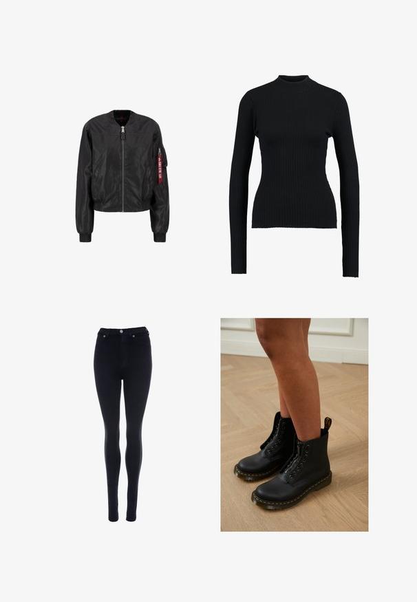Chaqueta bomber negra con cierre de cremallera frontal, cuello y puños acanalados, bolsillos laterales y un bolsillo de utilidad en la manga con un detalle de etiqueta roja.; Suéter negro de cuello alto acanalado con mangas largas y un diseño ajustado, que presenta una textura suave y una silueta estructurada.; Jeans ajustados de tiro alto en negro, hechos de una tela elástica, que presentan un diseño clásico de cinco bolsillos y un cierre de botón metálico.; Botas de cuero negro hasta el tobillo con diseño de cremallera y cordones, que presentan costuras amarillas y una suela gruesa y texturizada.