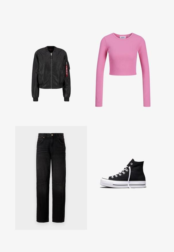 Chaqueta bomber negra con cierre de cremallera frontal, cuello y puños acanalados, bolsillos laterales y un bolsillo de utilidad en la manga con un detalle de etiqueta roja.; Top corto de manga larga en tela de canalé de color rosa claro. Presenta un cuello redondo y un diseño ajustado con una textura suave.; Vaqueros de denim negro con corte recto, estilo de cinco bolsillos, cierre de botón y sutil desgaste en los muslos y las rodillas.; Zapatilla alta de lona negra con suela de goma blanca y cordones blancos, vista de lado sobre un fondo blanco.