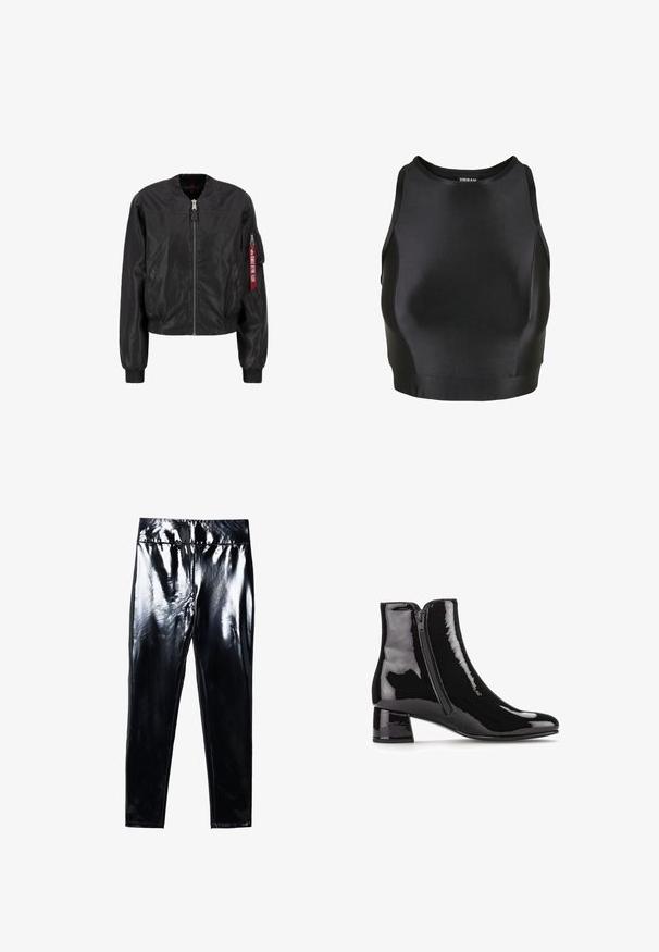 Chaqueta bomber negra con cierre de cremallera frontal, cuello y puños acanalados, bolsillos laterales y un bolsillo de utilidad en la manga con un detalle de etiqueta roja.; Top corto sin mangas negro con escote redondo y silueta ajustada, hecho de una tela suave y elástica.; Leggings negros de alto brillo con una superficie brillante y suave. Cintura elástica y diseño ajustado con forma de pierna cónica.; Botines de charol negro con punta afilada, cremallera lateral y tacón cuadrado. Textura suave con un acabado de alto brillo.