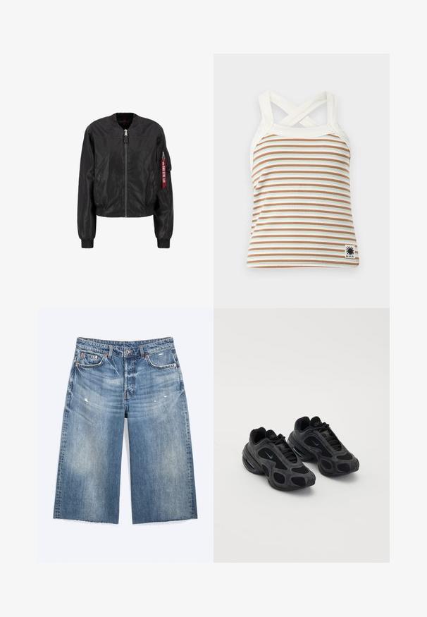 Chaqueta bomber negra con cierre de cremallera frontal, cuello y puños acanalados, bolsillos laterales y un bolsillo de utilidad en la manga con un detalle de etiqueta roja.; Camiseta de tirantes sin mangas con rayas horizontales blancas y marrones, tirantes cruzados blancos en los hombros y un pequeño parche con el logo del sol en negro.; Pantalones cortos de mezclilla azul hasta la rodilla con ligero desgaste, bolsillos delanteros, trabillas para cinturón y cierre de botón.; Zapatillas Nike negras con paneles de malla y gamuza, cortes únicos y cuellos acolchados. Los acentos brillantes en los costados destacan un diseño moderno.